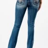 Grace In LA Womens Easy Fit Blue & White Steerhead Embroidery Bootcut Jeans