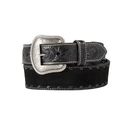 Nocona Mens Black Roughout Leather Buck Lace Stitching Silver Buckle Belt