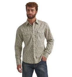 Wrangler Mens Long Sleeve Premium Grey And Tan Button Down Shirt