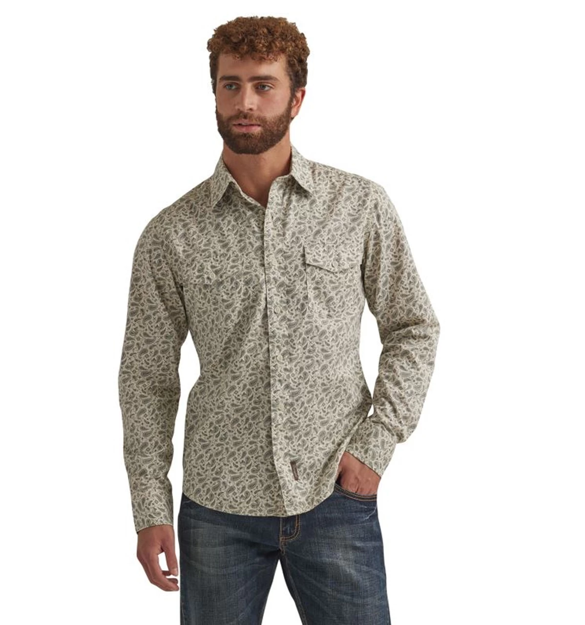 Wrangler Mens Long Sleeve Premium Grey And Tan Button Down Shirt 1 Wrangler Mens Long Sleeve Premium Grey And Tan Button Down Shirt