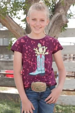 Cinch Girl's Bleach Splatter Purple Tee With Boot And Cactus Graphic