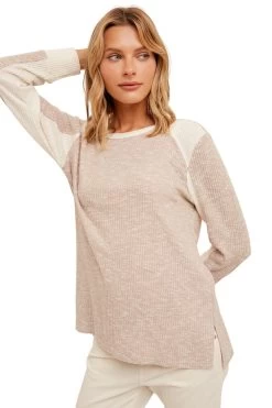 West & Wild Womens Light Taupe Ribbed Loose Fit Long Sleeve Top