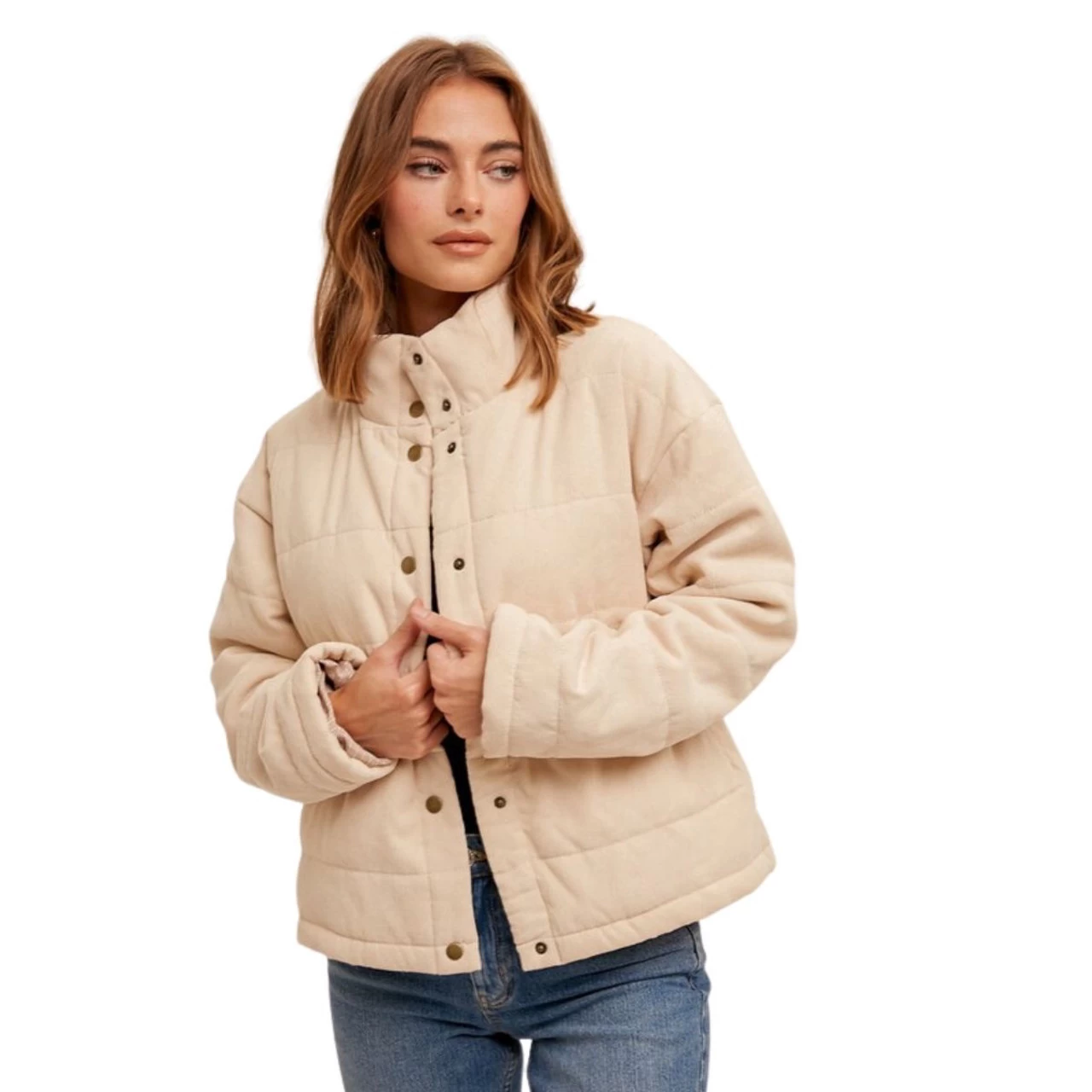 Hem & Thread Womens Ecru Corduroy Puffer Jacket 1 Hem & Thread Womens Ecru Corduroy Puffer Jacket