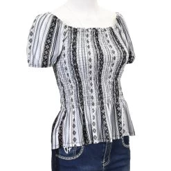 Cowgirl Hardware Women's Black/Grey Serape Print Smocked Short Sleeve Top