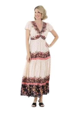 Nostalgia Women's Ivory And Black Multi Print V-Neck Dress